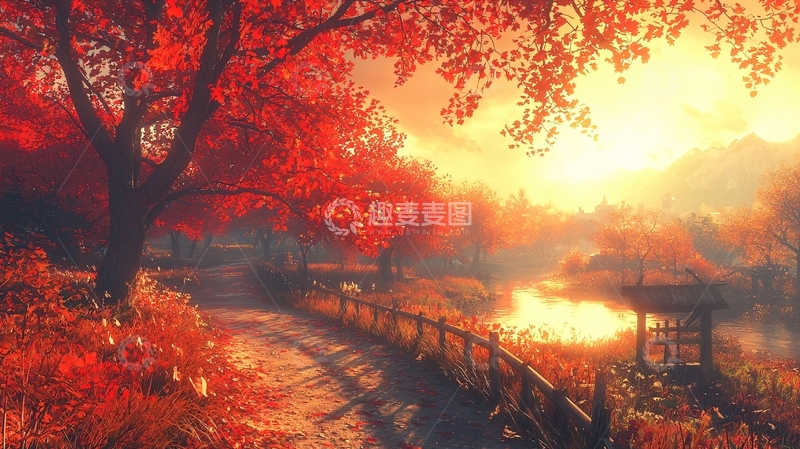 高清大图下载【趣麦麦图】秋日红叶小路清晨景色