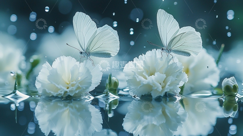 高清大图下载【趣麦麦图】雨中白蝴蝶和白花