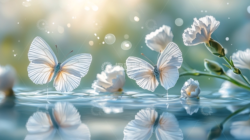 高清大图下载【趣麦麦图】白蝴蝶飞舞花朵水面