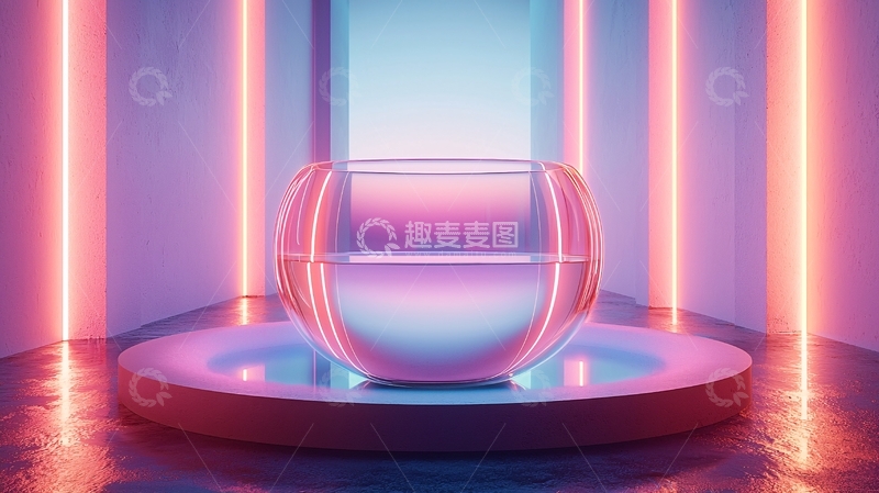 高清大图下载【趣麦麦图】霓虹灯背景下的透明球体展示台