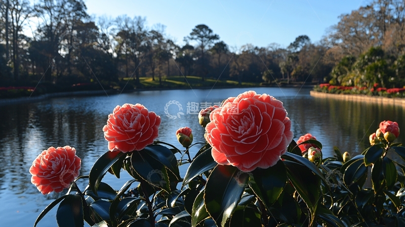 高清大图下载【趣麦麦图】冬日湖边盛开的山茶花
