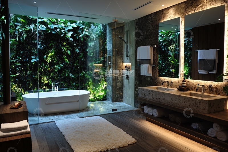 高清大图下载【趣麦麦图】豪华绿色植物环绕浴室