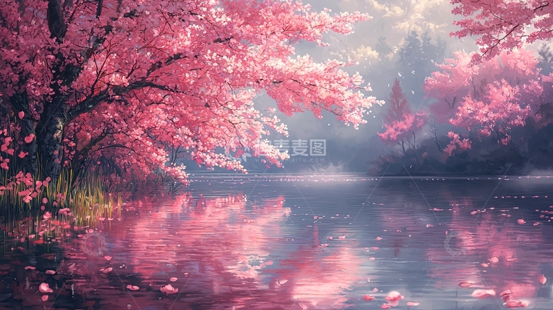 高清大图下载【趣麦麦图】粉红色樱花树倒映在湖中