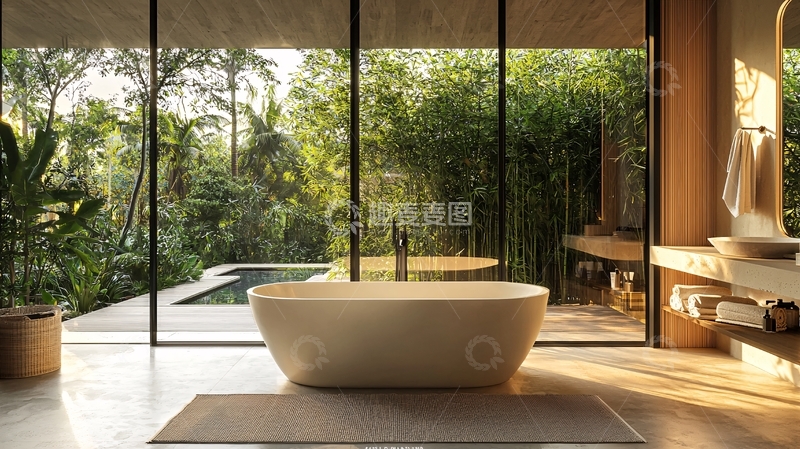 高清大图下载【趣麦麦图】极简风格落地窗浴缸
