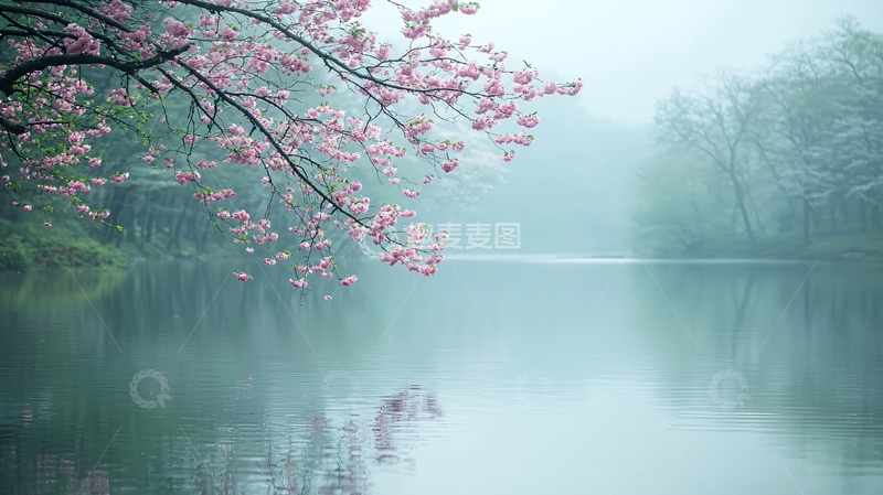 高清大图下载【趣麦麦图】雾气朦胧的樱花湖景