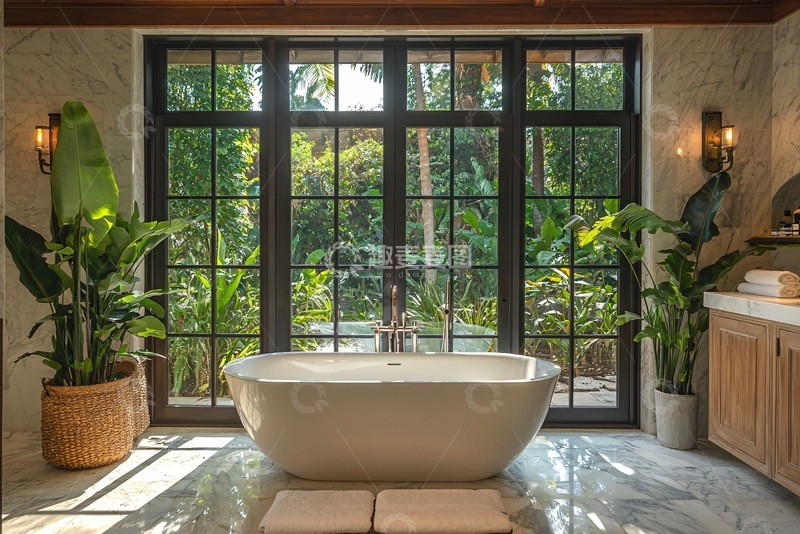 高清大图下载【趣麦麦图】落地窗浴缸花园景观