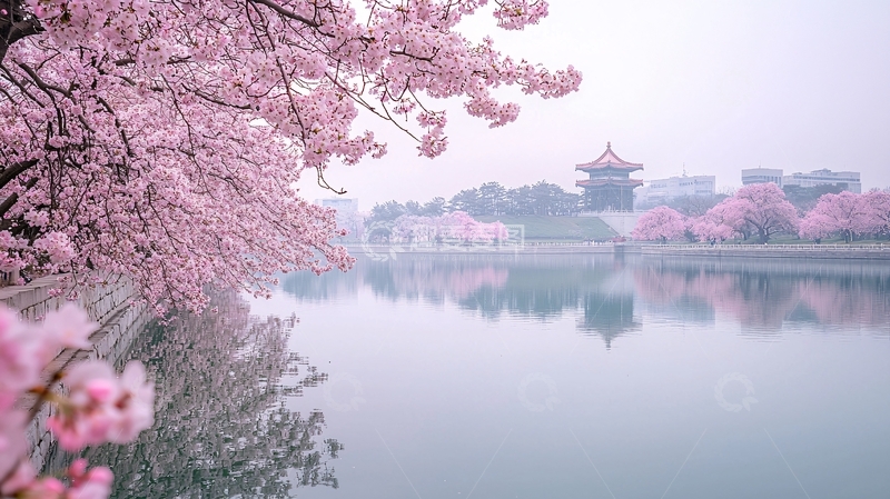 高清大图下载【趣麦麦图】粉红色的樱花盛开在湖边古塔