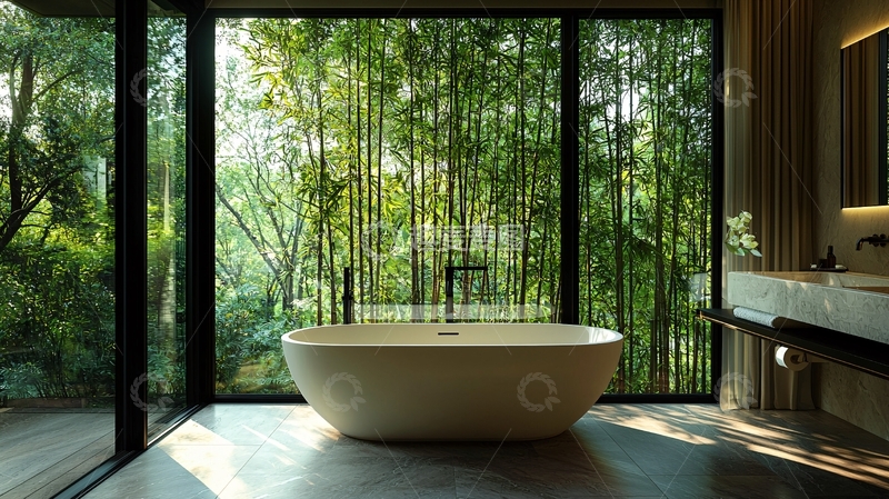 高清大图下载【趣麦麦图】落地窗外竹林中的浴缸