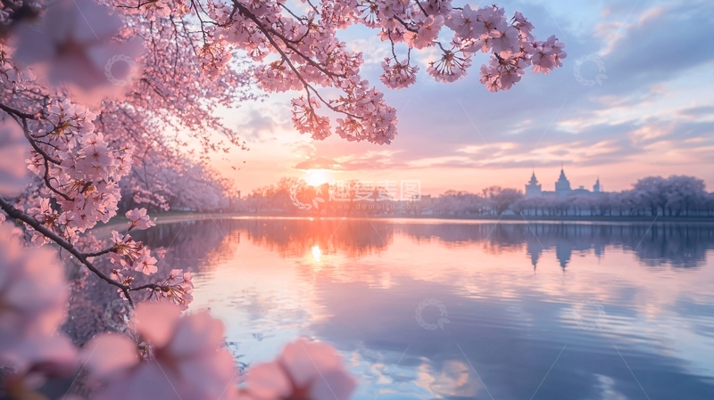 高清大图下载【趣麦麦图】樱花盛开的湖边日出