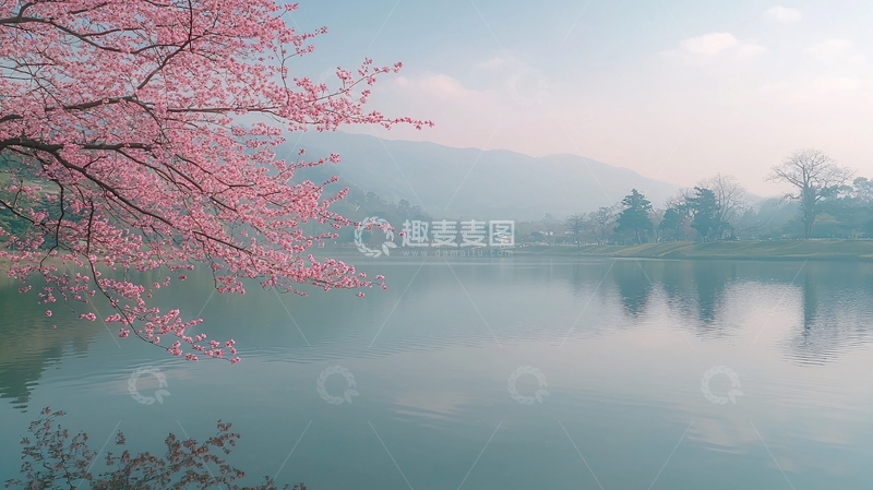 高清大图下载【趣麦麦图】粉嫩樱花倒映湖面