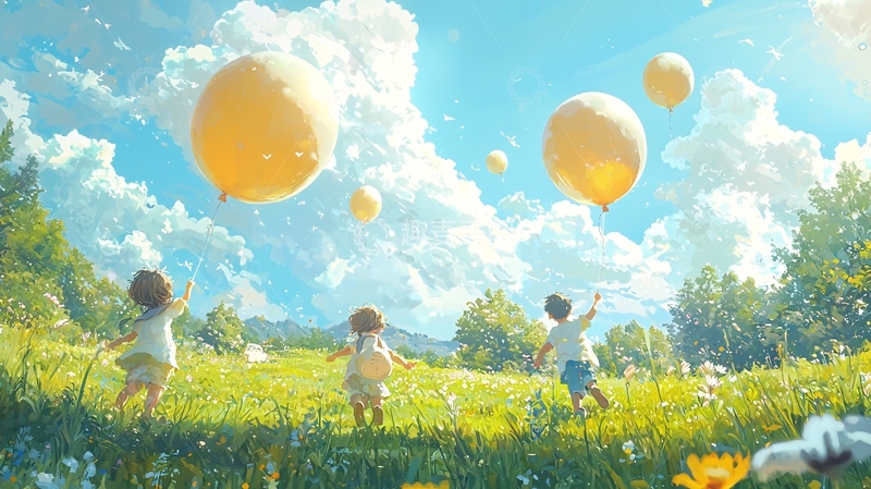 高清大图下载【趣麦麦图】孩子追逐气球