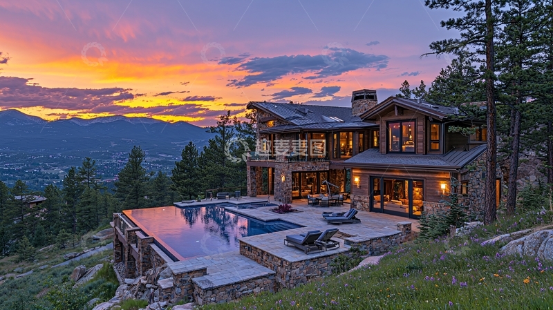 高清大图下载【趣麦麦图】山景别墅落日余晖