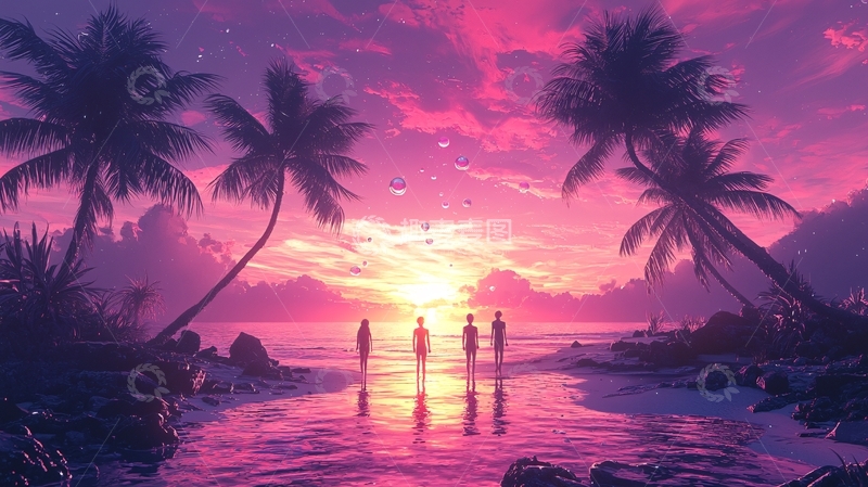 高清大图下载【趣麦麦图】粉色系海滩落日