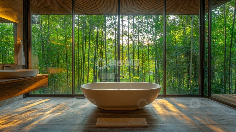 高清大图下载【趣麦麦图】极简风格浴室落地窗竹林