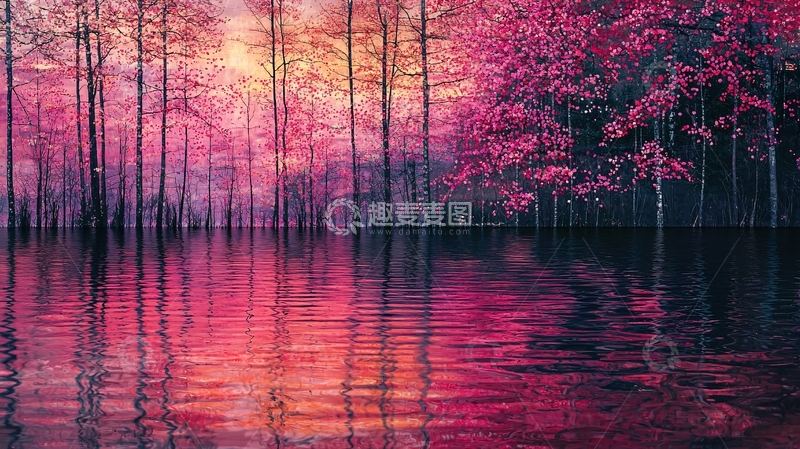 高清大图下载【趣麦麦图】梦幻粉色森林倒影