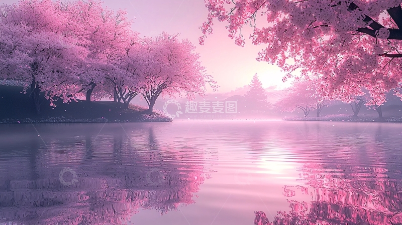 高清大图下载【趣麦麦图】粉红色的樱花倒影湖面