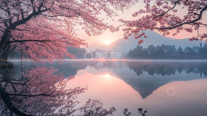 高清大图下载【趣麦麦图】樱花湖泊日出