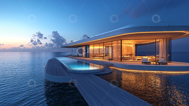 高清大图下载【趣麦麦图】海景别墅夜景