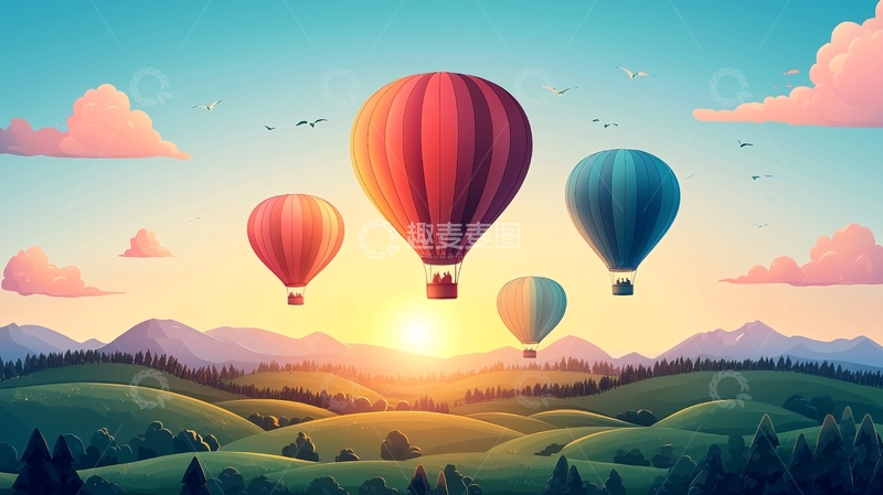 高清大图下载【趣麦麦图】彩色热气球山峦日出
