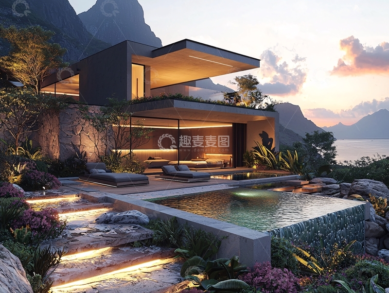 高清大图下载【趣麦麦图】山崖边的现代别墅