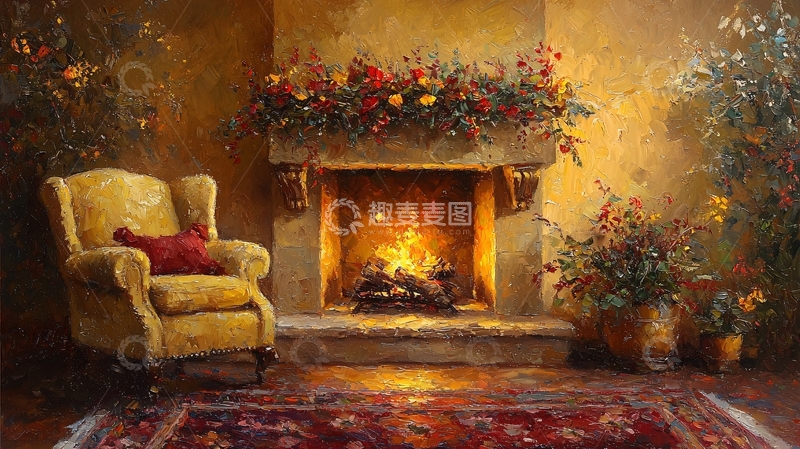 高清大图下载【趣麦麦图】壁炉旁的黄色扶手椅