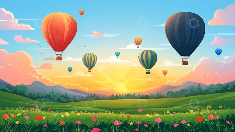 高清大图下载【趣麦麦图】热气球飞过田野