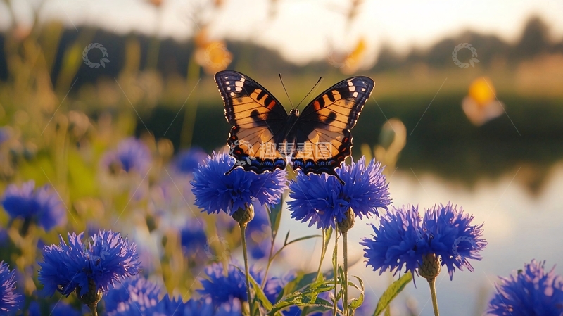 高清大图下载【趣麦麦图】夕阳下蓝花上的蝴蝶