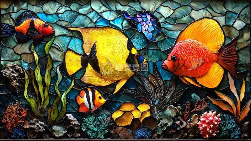 高清大图下载【趣麦麦图】马赛克鱼缸壁画