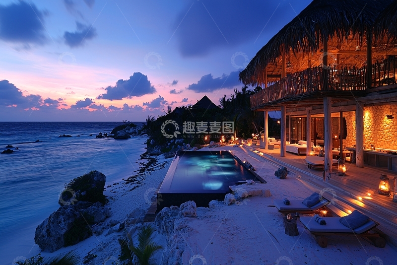 高清大图下载【趣麦麦图】海边别墅落日晚霞