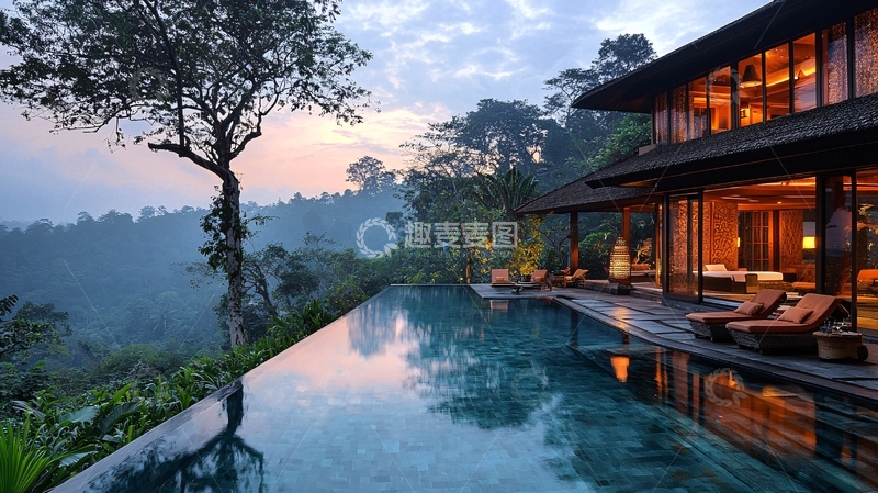 高清大图下载【趣麦麦图】巴厘岛别墅泳池日落