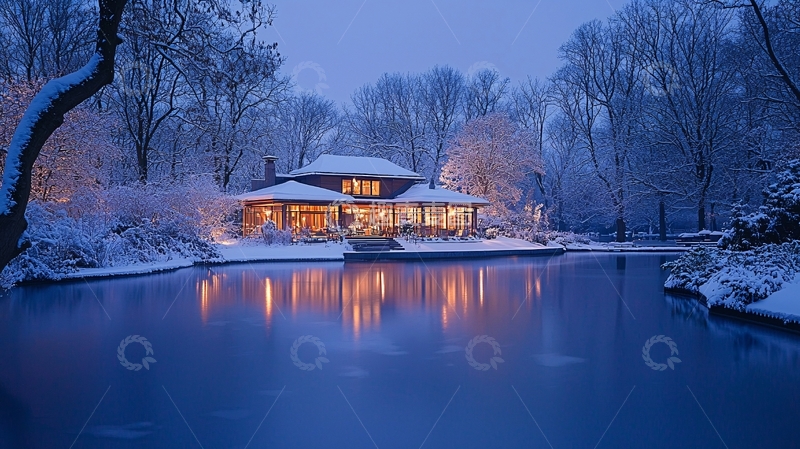 高清大图下载【趣麦麦图】雪夜湖边别墅