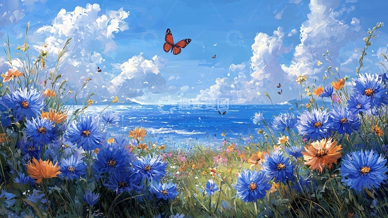 高清大图下载【趣麦麦图】蓝天白云花海大海