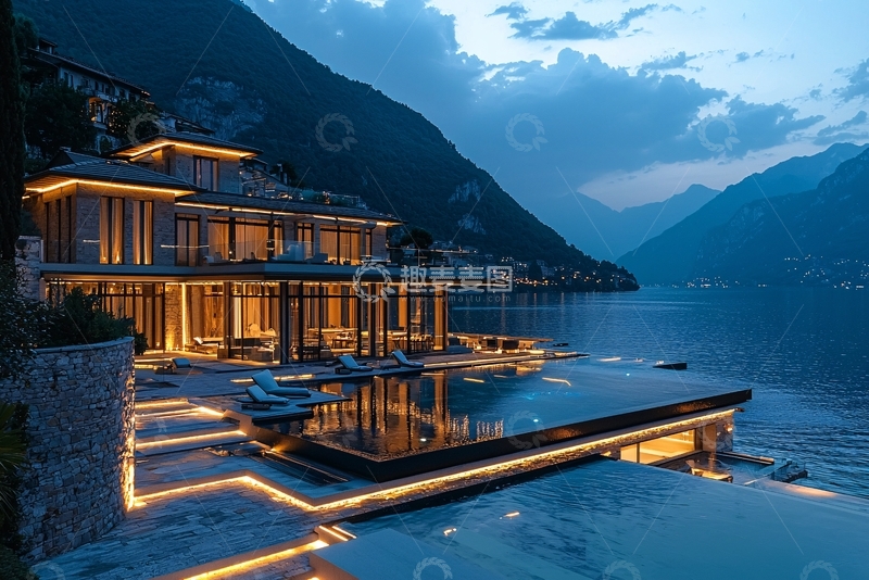 高清大图下载【趣麦麦图】湖边豪宅夜景