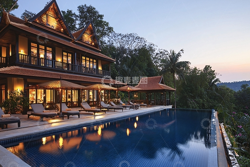 高清大图下载【趣麦麦图】傍晚泳池别墅景色