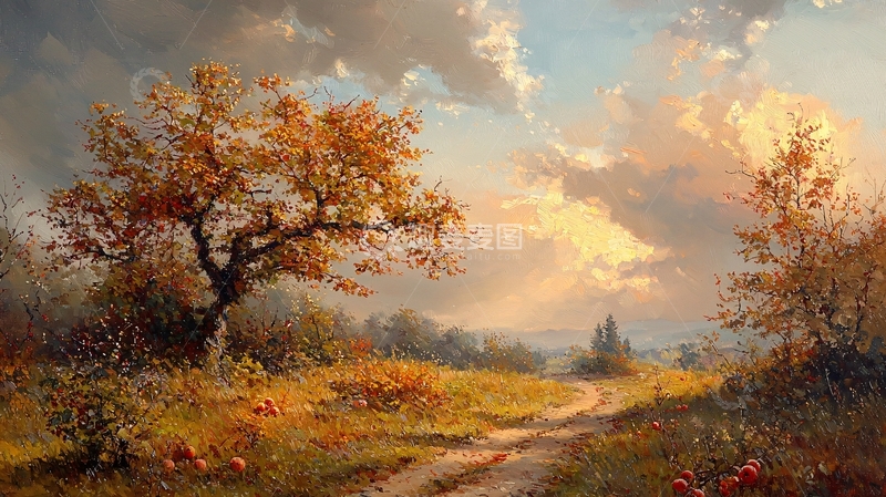 高清大图下载【趣麦麦图】秋日乡间小路落日余晖