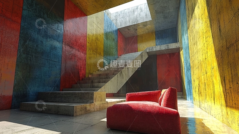 高清大图下载【趣麦麦图】彩色墙壁楼梯室内设计