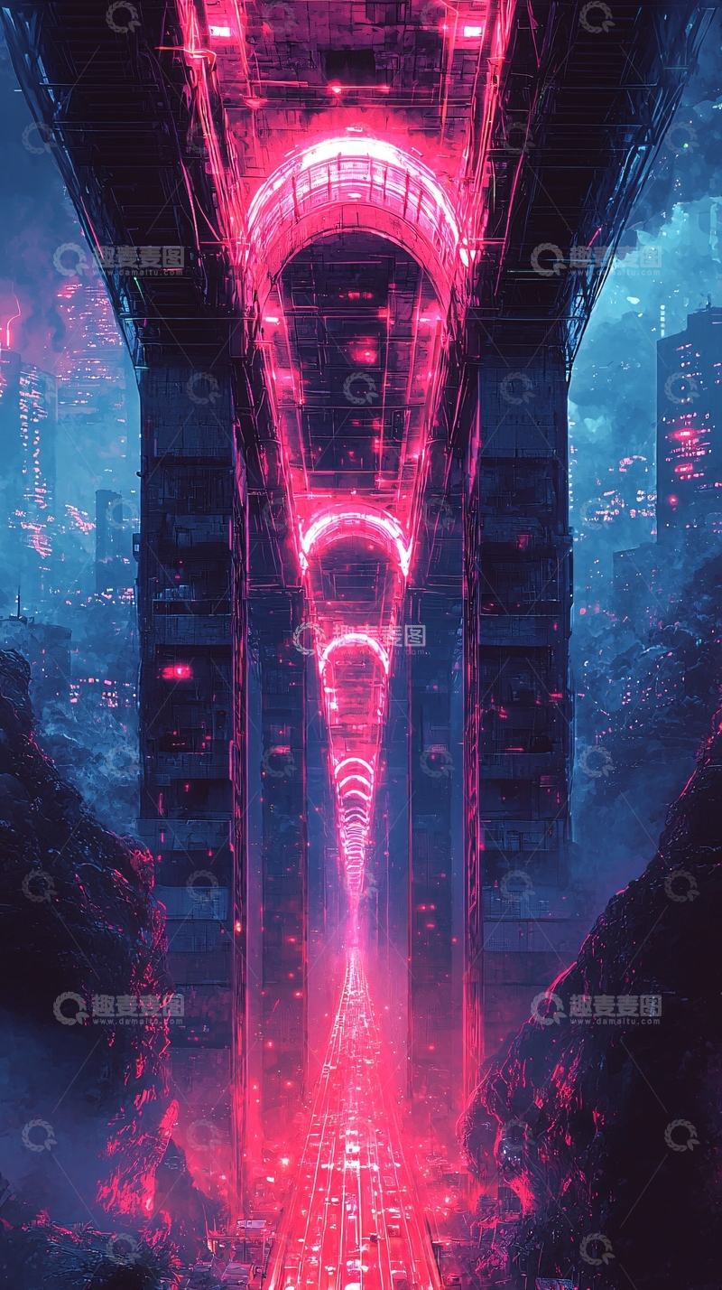 高清大图下载【趣麦麦图】霓虹灯未来都市桥梁