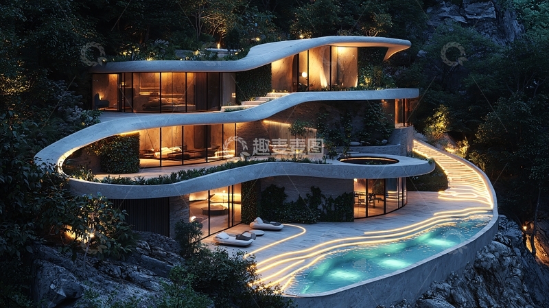 高清大图下载【趣麦麦图】山崖边的曲线现代住宅
