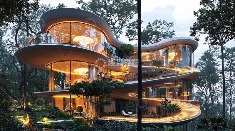 高清大图下载【趣麦麦图】森林环绕的现代曲线别墅