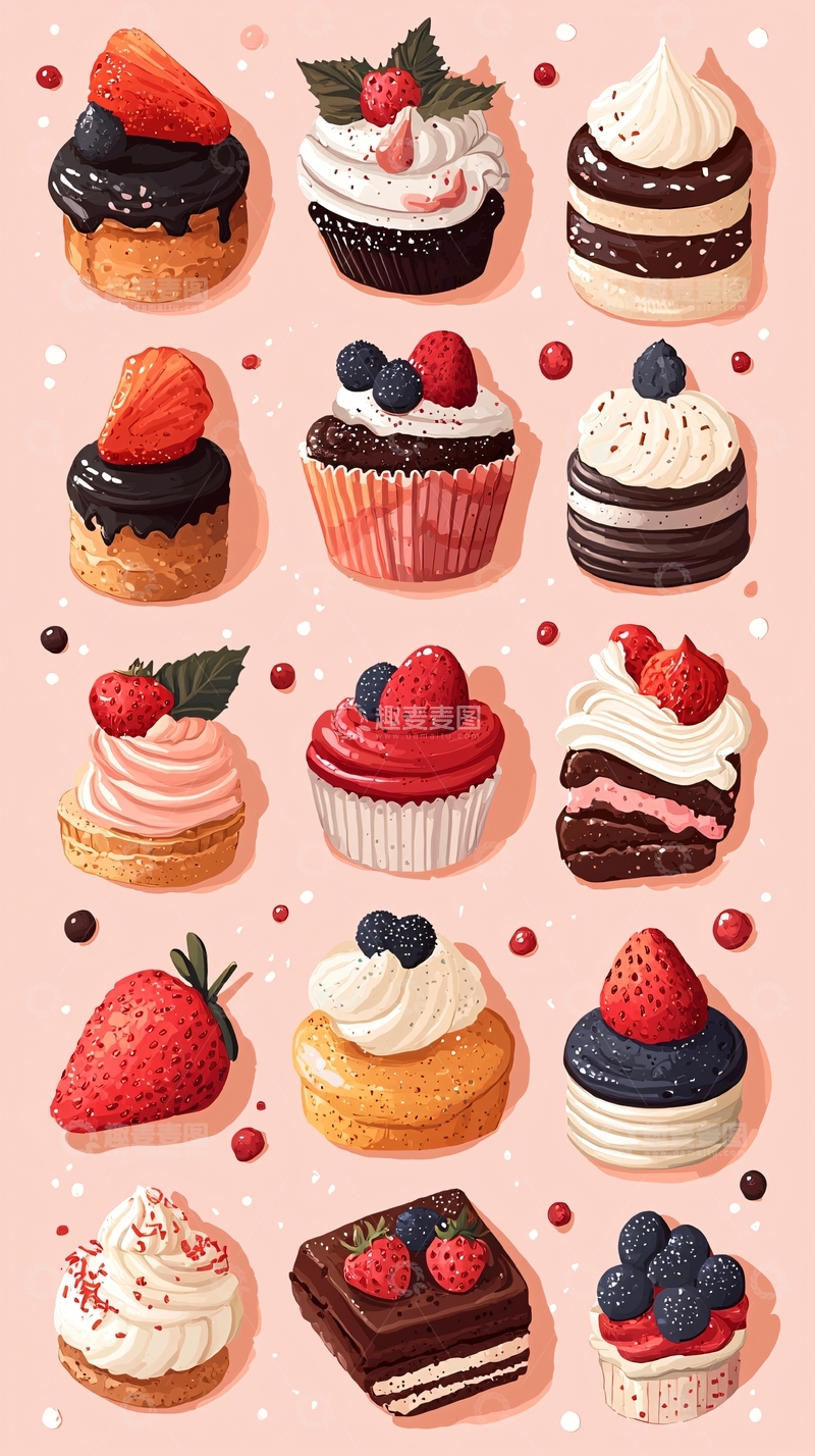 高清大图下载【趣麦麦图】粉色背景甜点插画