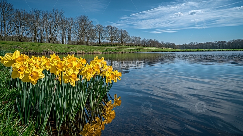 高清大图下载【趣麦麦图】春意盎然的湖边水仙花
