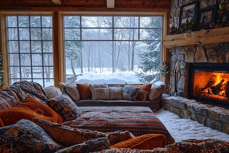 高清大图下载【趣麦麦图】雪景木屋壁炉