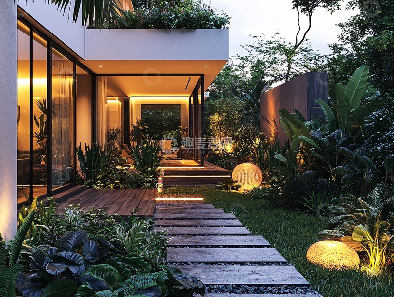 高清大图下载【趣麦麦图】现代简约庭院夜景