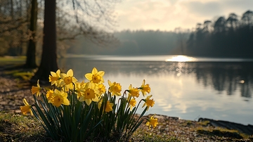 湖边盛开的黄色水仙花