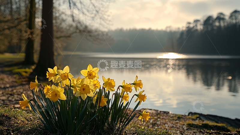 高清大图下载【趣麦麦图】湖边盛开的黄色水仙花