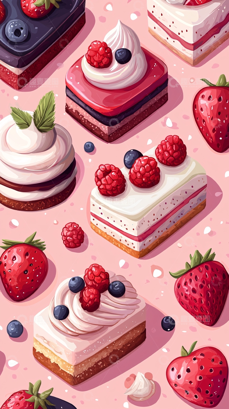 高清大图下载【趣麦麦图】粉色背景草莓蛋糕