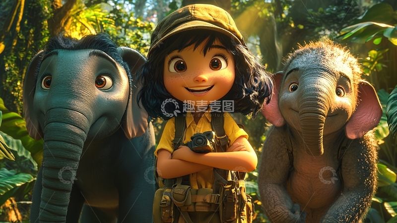 高清大图下载【趣麦麦图】女孩和大象在丛林