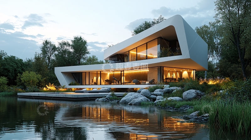 高清大图下载【趣麦麦图】现代简约湖边别墅
