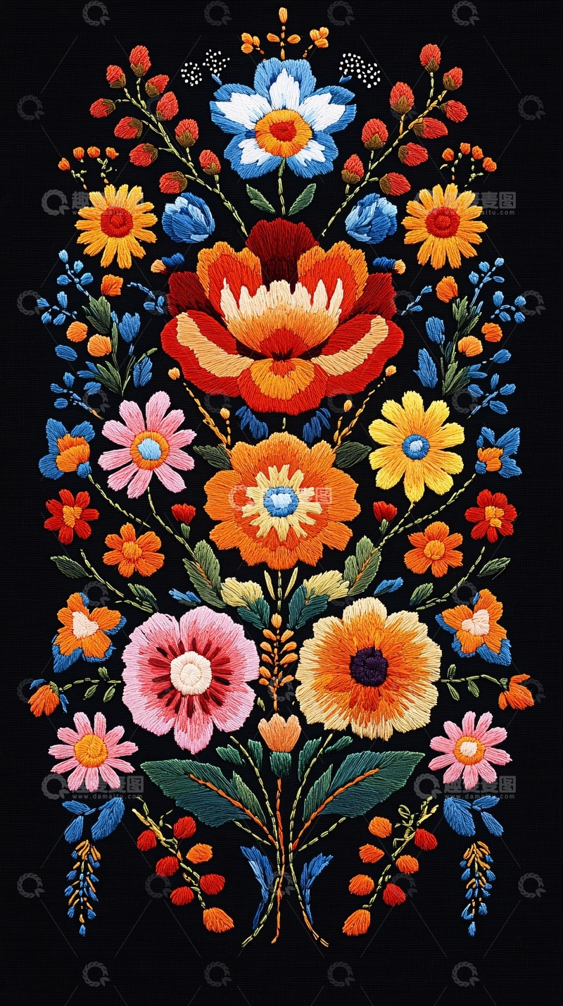 高清大图下载【趣麦麦图】彩色刺绣花卉图案