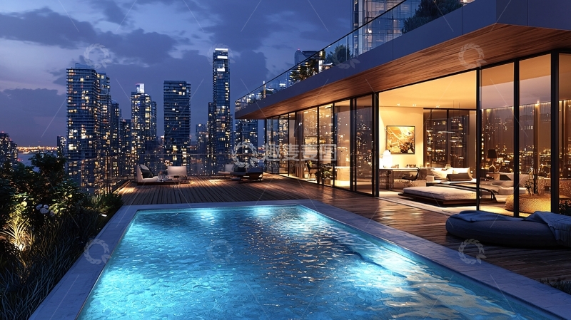 高清大图下载【趣麦麦图】夜景顶层公寓泳池